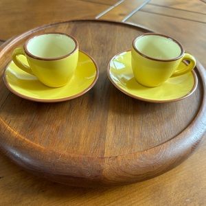NEW espresso demitasse cups and saucers yellow (mustardy) brown rimmed (2 each)